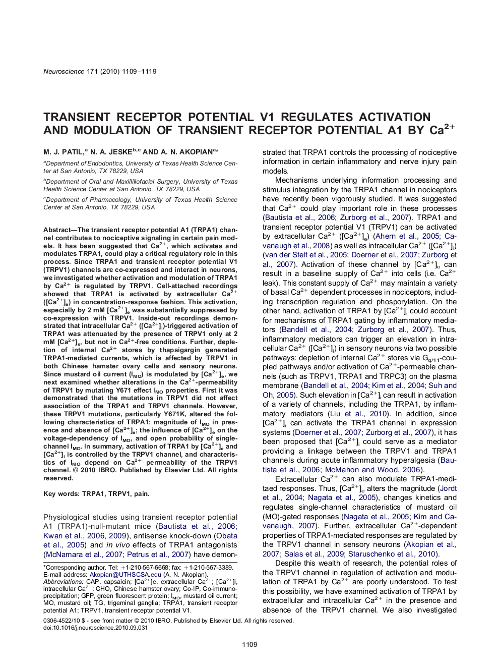 Transient receptor potential V1 regulates activation and modulation of transient receptor potential A1 by Ca2+