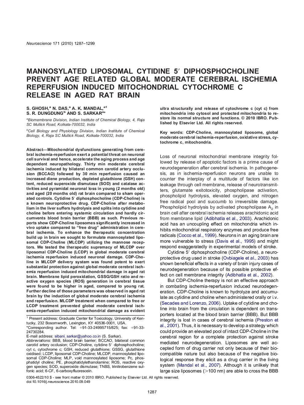 Mannosylated liposomal cytidine 5′ diphosphocholine prevent age related global moderate cerebral ischemia reperfusion induced mitochondrial cytochrome c release in aged rat brain