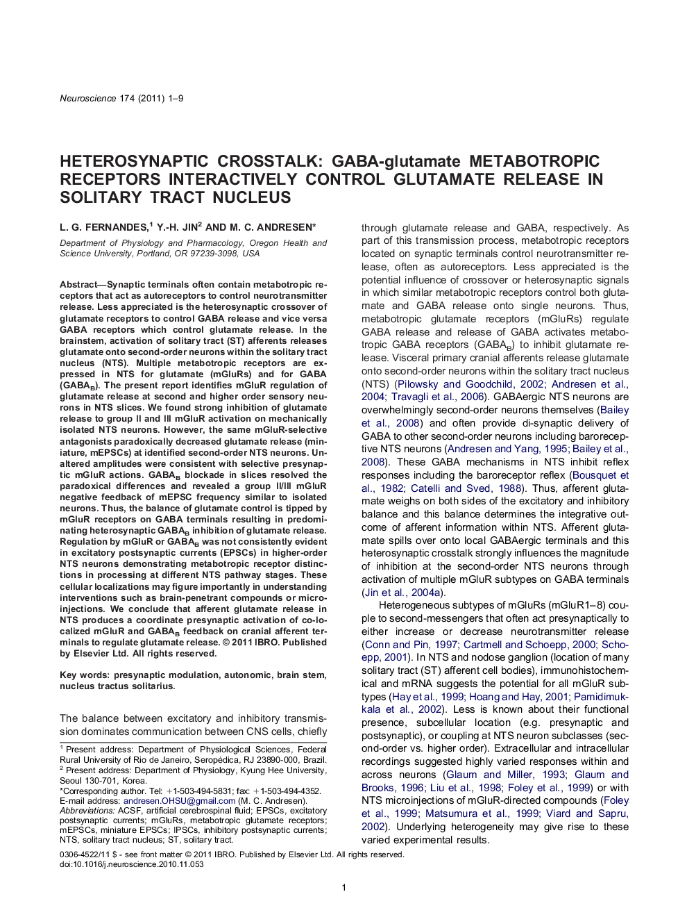 Heterosynaptic crosstalk: GABA-glutamate metabotropic receptors interactively control glutamate release in solitary tract nucleus