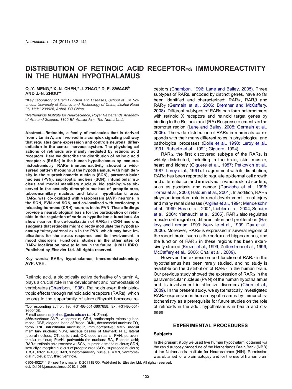 Distribution of retinoic acid receptor-α immunoreactivity in the human hypothalamus