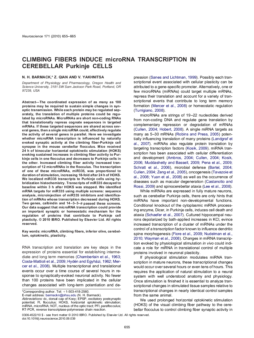 Climbing fibers induce microRNA transcription in cerebellar Purkinje cells