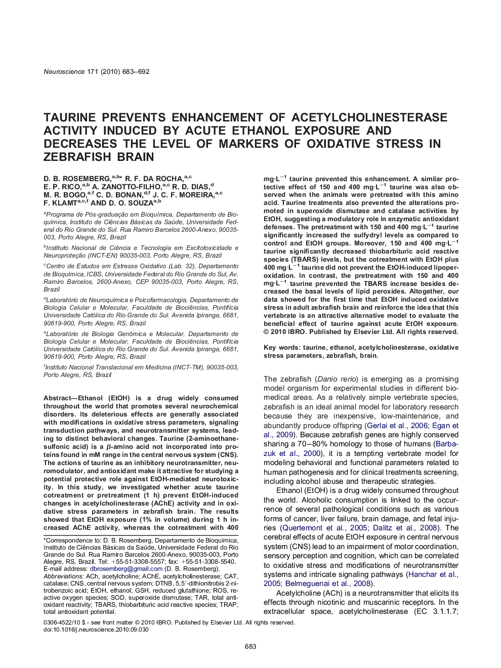 Taurine prevents enhancement of acetylcholinesterase activity induced by acute ethanol exposure and decreases the level of markers of oxidative stress in zebrafish brain