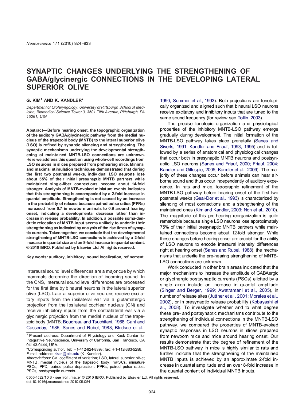 Synaptic changes underlying the strengthening of GABA/glycinergic connections in the developing lateral superior olive