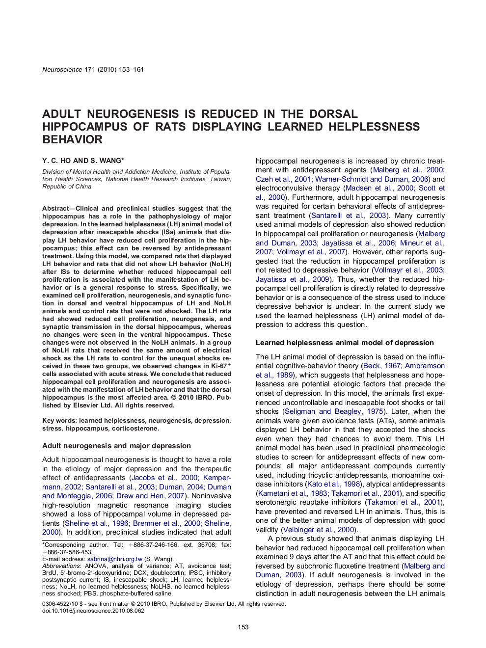 Adult neurogenesis is reduced in the dorsal hippocampus of rats displaying learned helplessness behavior