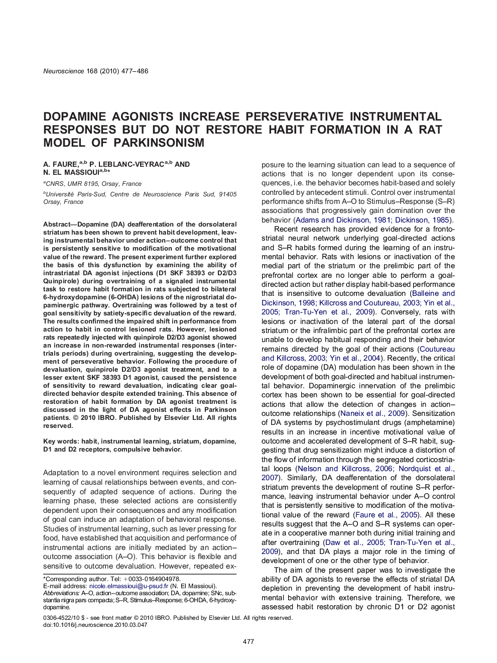 Dopamine agonists increase perseverative instrumental responses but do not restore habit formation in a rat model of Parkinsonism