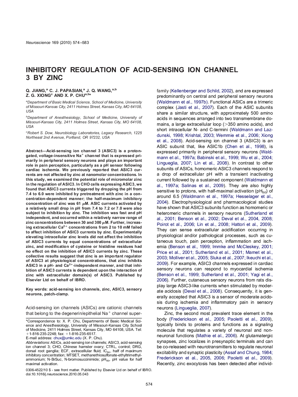 Inhibitory regulation of acid-sensing ion channel 3 by zinc