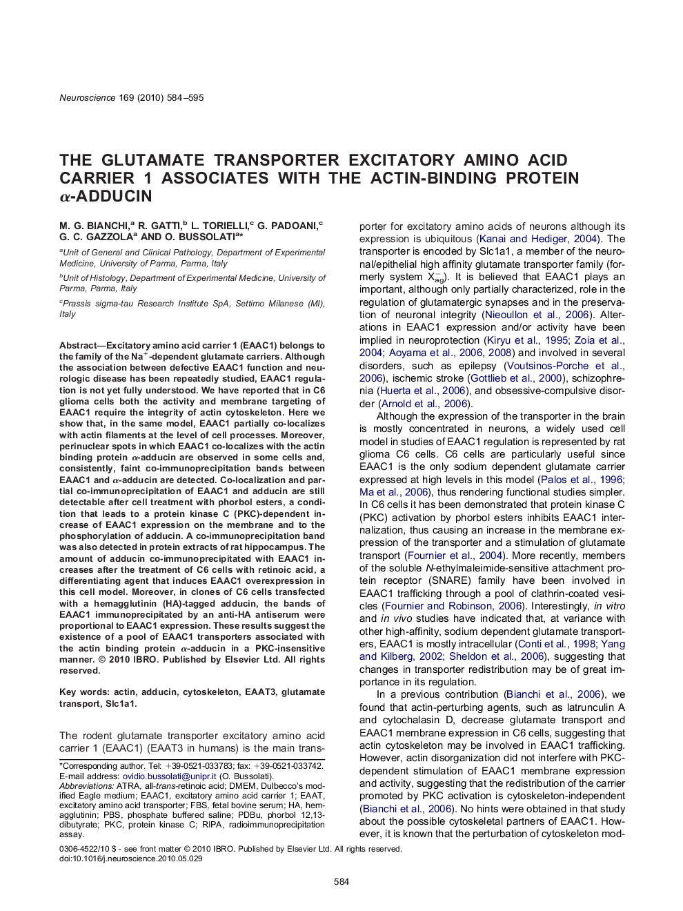 The glutamate transporter excitatory amino acid carrier 1 associates with the actin-binding protein α-adducin