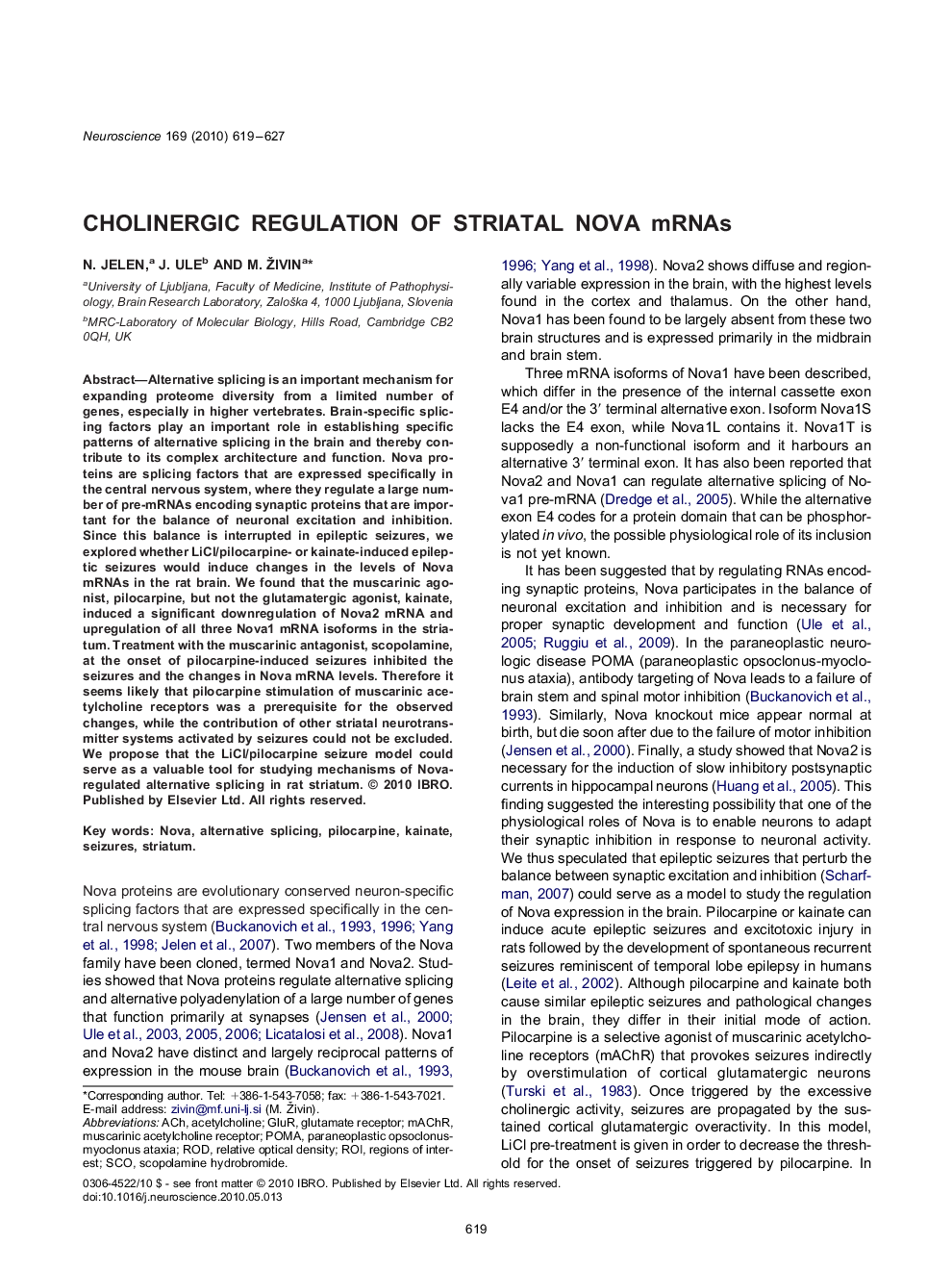 Cholinergic regulation of striatal Nova mRNAs