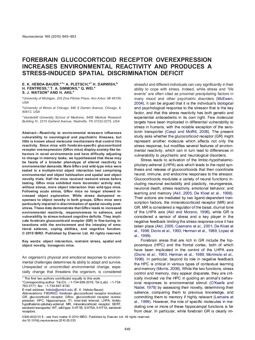 Forebrain glucocorticoid receptor overexpression increases environmental reactivity and produces a stress-induced spatial discrimination deficit