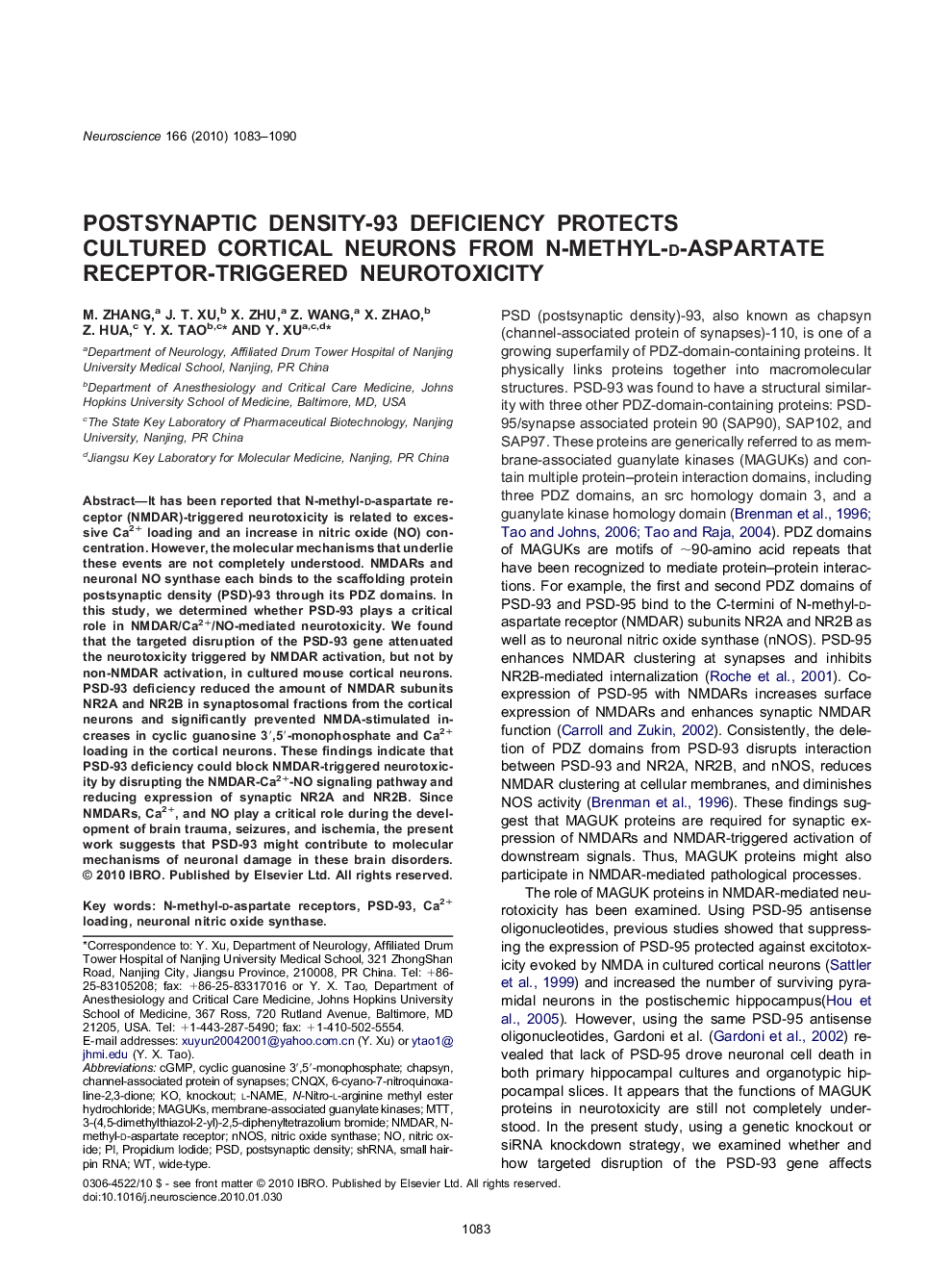 Postsynaptic density-93 deficiency protects cultured cortical neurons from N-methyl-d-aspartate receptor-triggered neurotoxicity