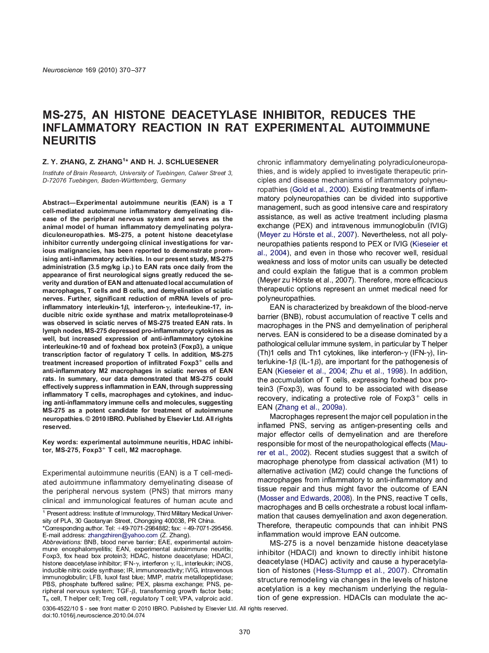 MS-275, an histone deacetylase inhibitor, reduces the inflammatory reaction in rat experimental autoimmune neuritis