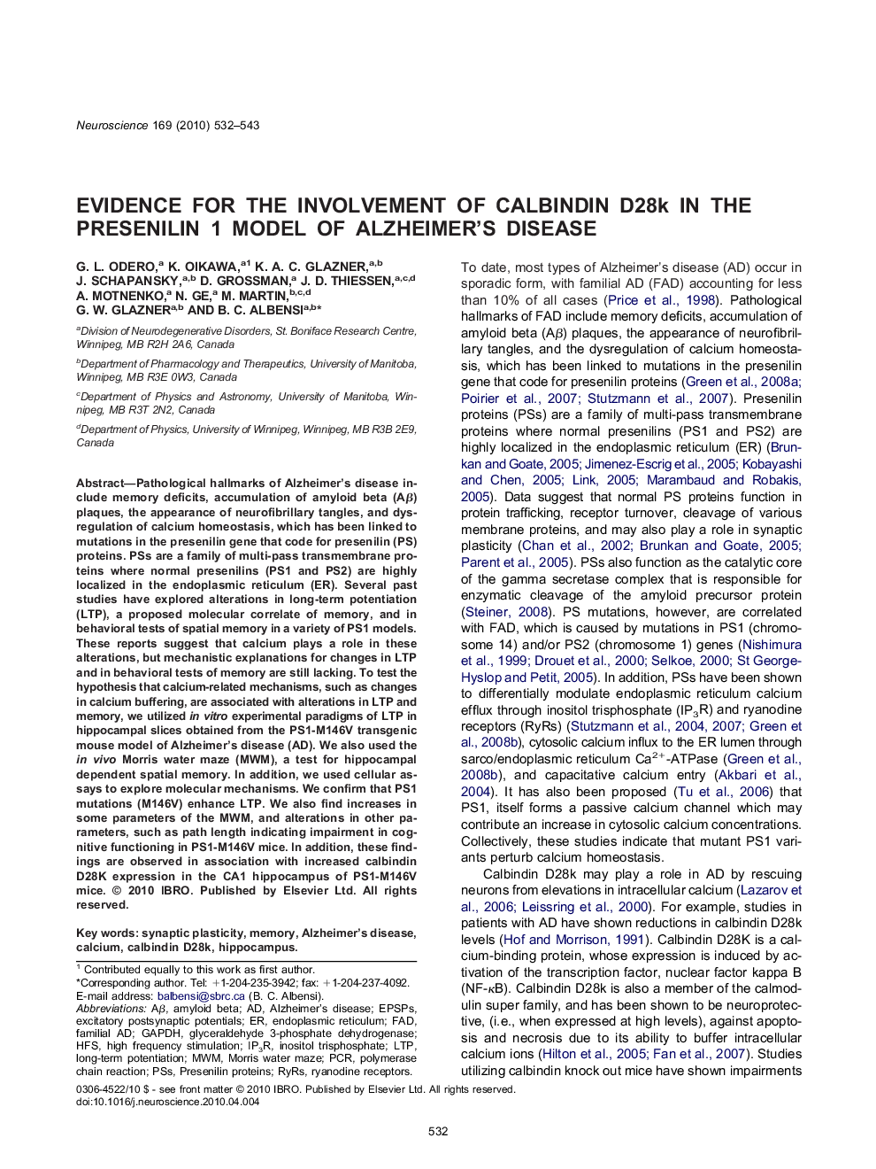 Evidence for the involvement of calbindin D28k in the presenilin 1 model of Alzheimer's disease