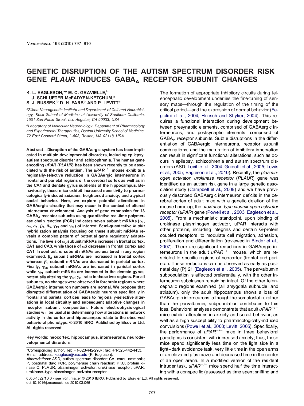 Genetic disruption of the autism spectrum disorder risk gene PLAUR induces GABAA receptor subunit changes