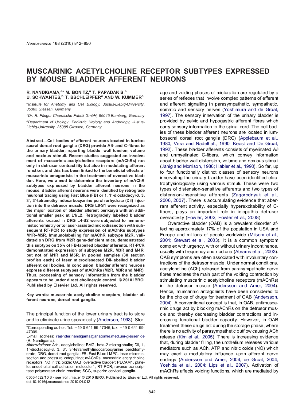 Muscarinic acetylcholine receptor subtypes expressed by mouse bladder afferent neurons