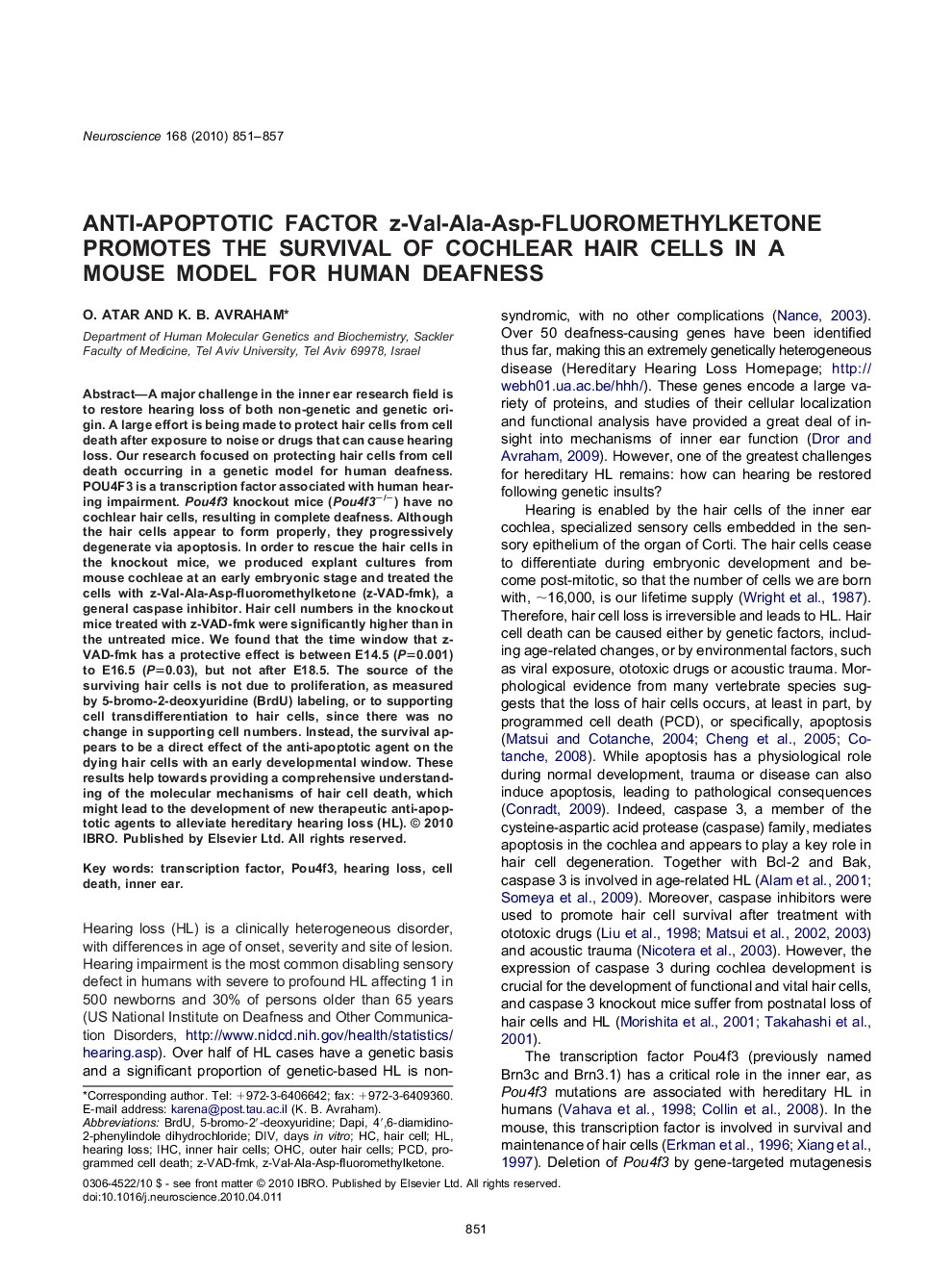 Anti-apoptotic factor z-Val-Ala-Asp-fluoromethylketone promotes the survival of cochlear hair cells in a mouse model for human deafness