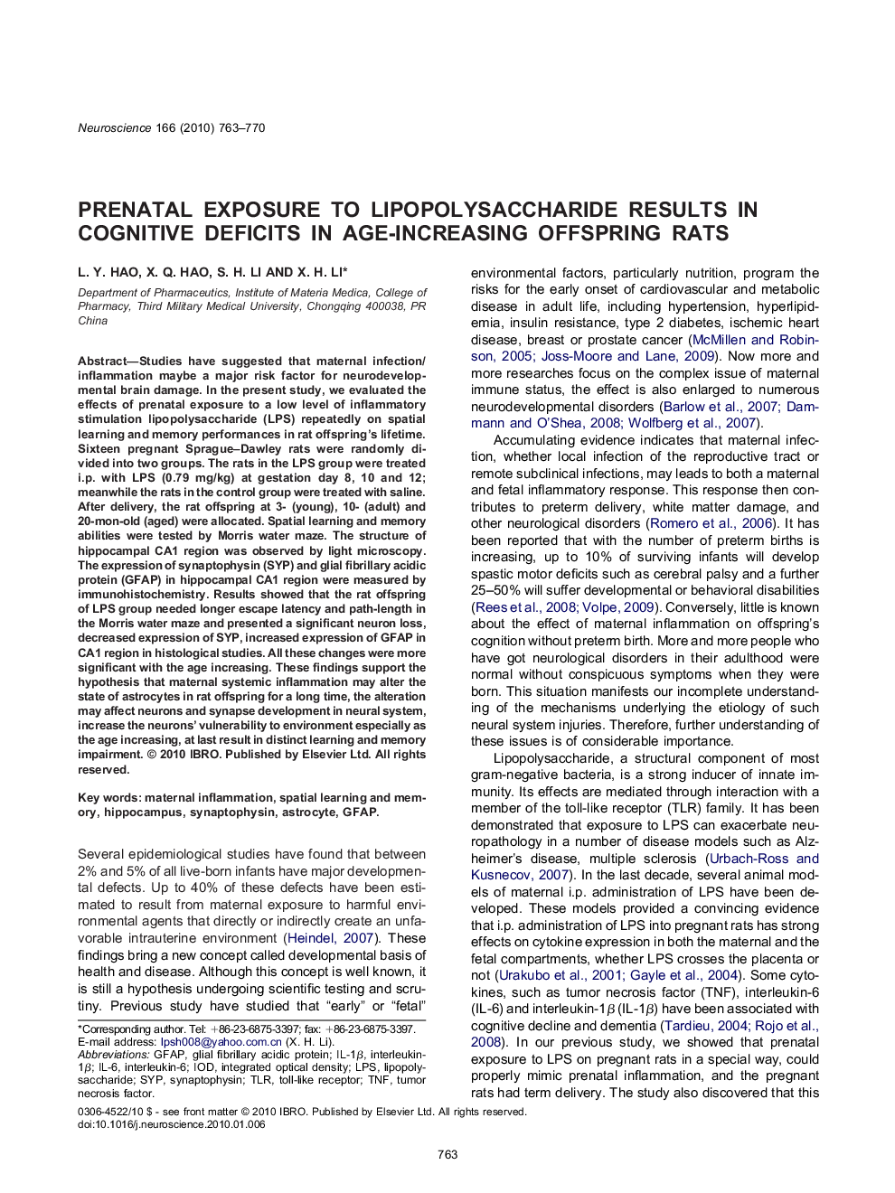 Prenatal exposure to lipopolysaccharide results in cognitive deficits in age-increasing offspring rats