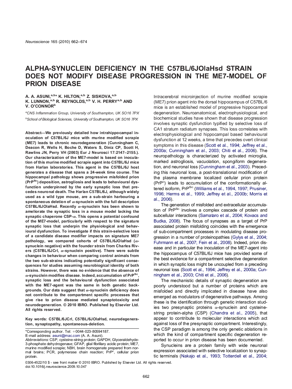 Alpha-synuclein deficiency in the C57BL/6JOlaHsd strain does not modify disease progression in the ME7-model of prion disease