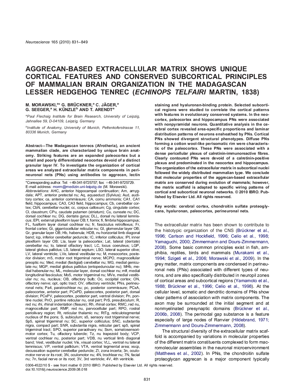 Aggrecan-based extracellular matrix shows unique cortical features and conserved subcortical principles of mammalian brain organization in the Madagascan lesser hedgehog tenrec (Echinops telfairi Martin, 1838)