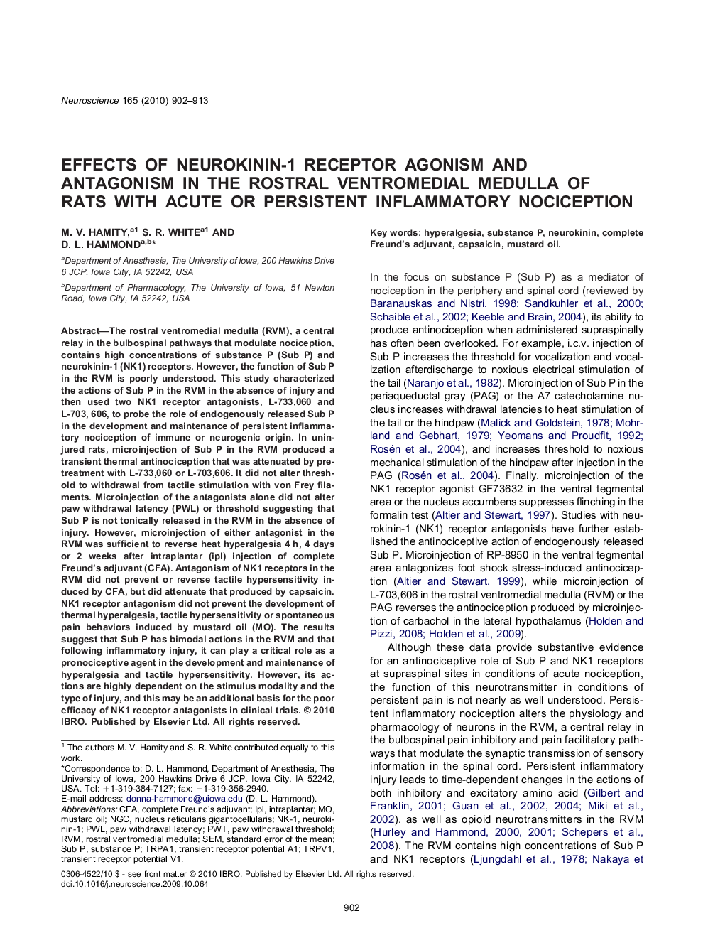 Effects of neurokinin-1 receptor agonism and antagonism in the rostral ventromedial medulla of rats with acute or persistent inflammatory nociception