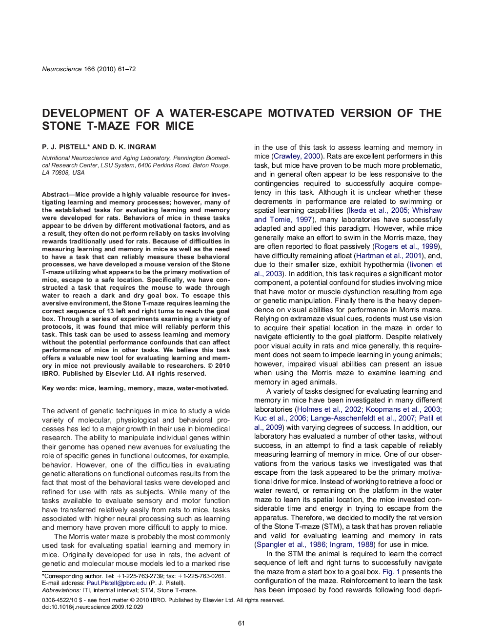 Development of a water-escape motivated version of the Stone T-maze for mice