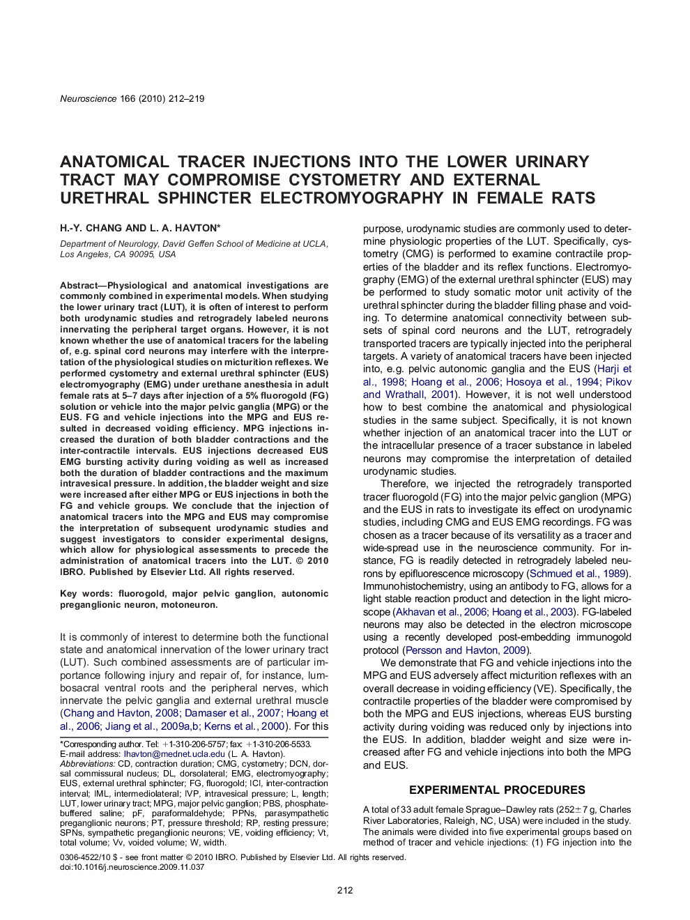 Anatomical tracer injections into the lower urinary tract may compromise cystometry and external urethral sphincter electromyography in female rats