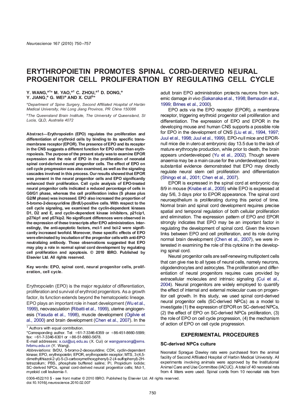 Erythropoietin promotes spinal cord-derived neural progenitor cell proliferation by regulating cell cycle