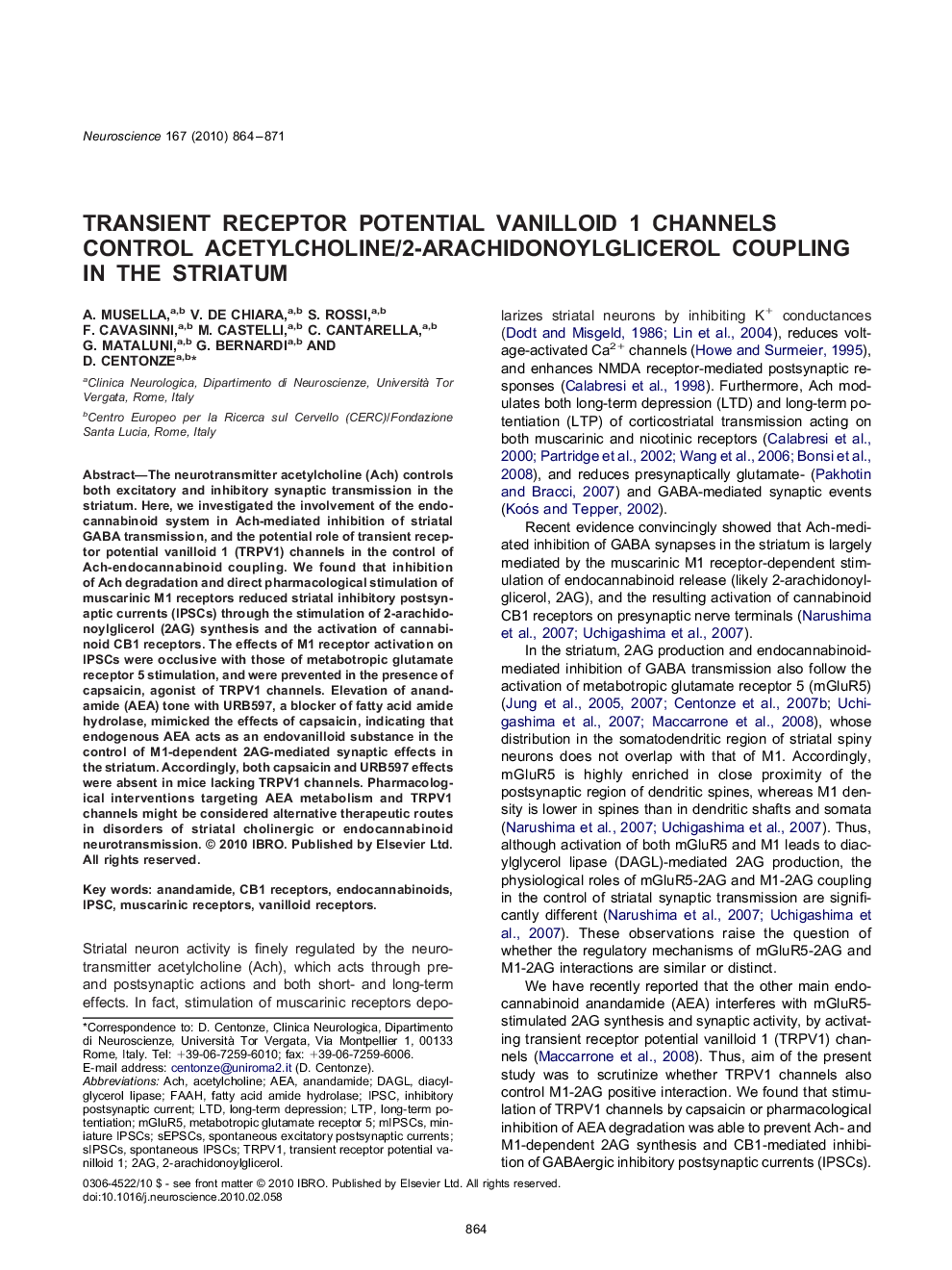 Transient receptor potential vanilloid 1 channels control acetylcholine/2-arachidonoylglicerol coupling in the striatum