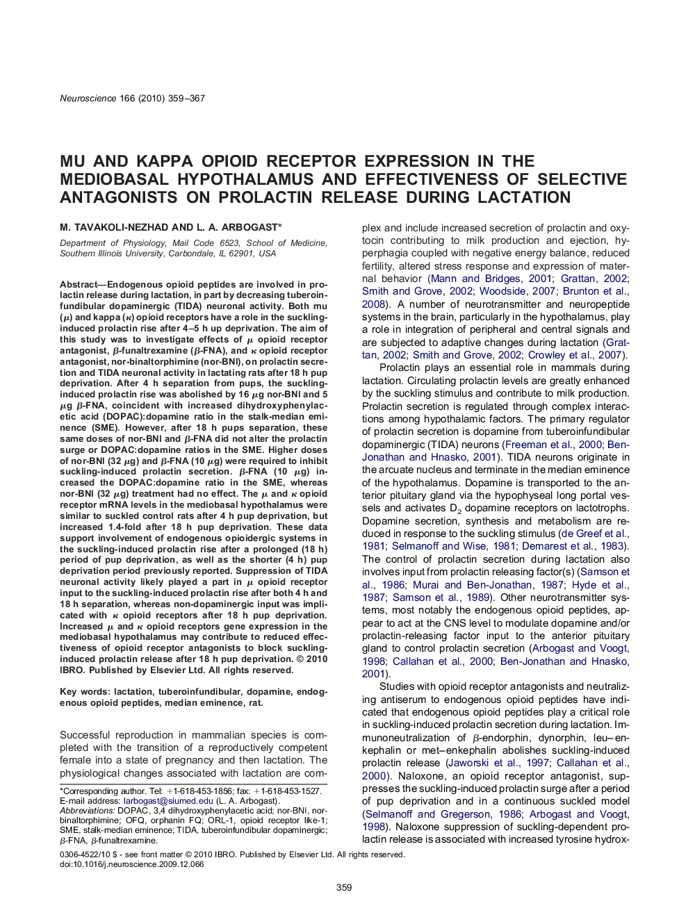 Mu and kappa opioid receptor expression in the mediobasal hypothalamus and effectiveness of selective antagonists on prolactin release during lactation