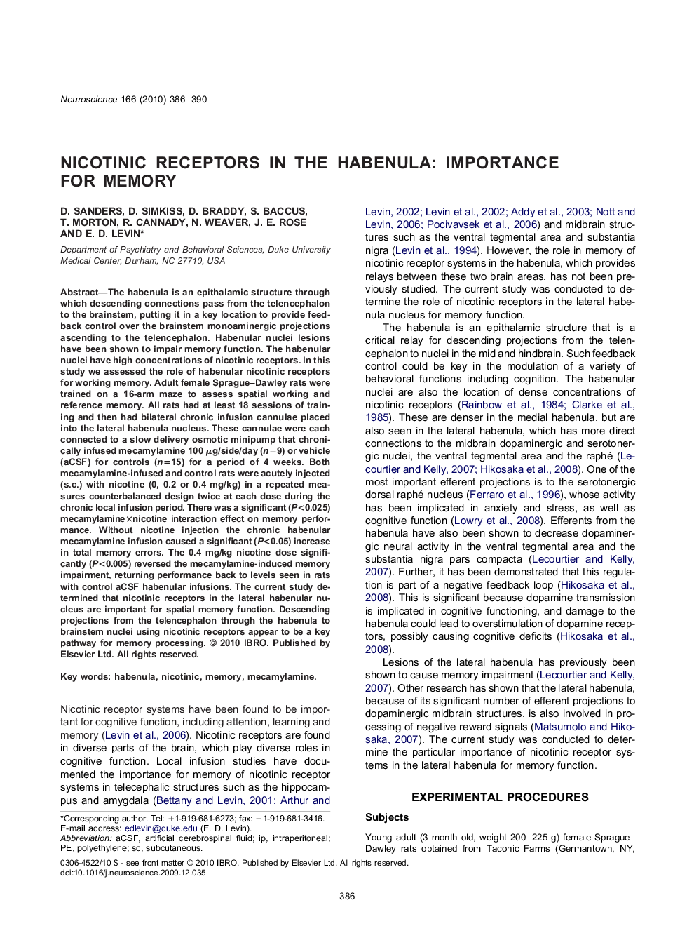 Nicotinic receptors in the habenula: importance for memory