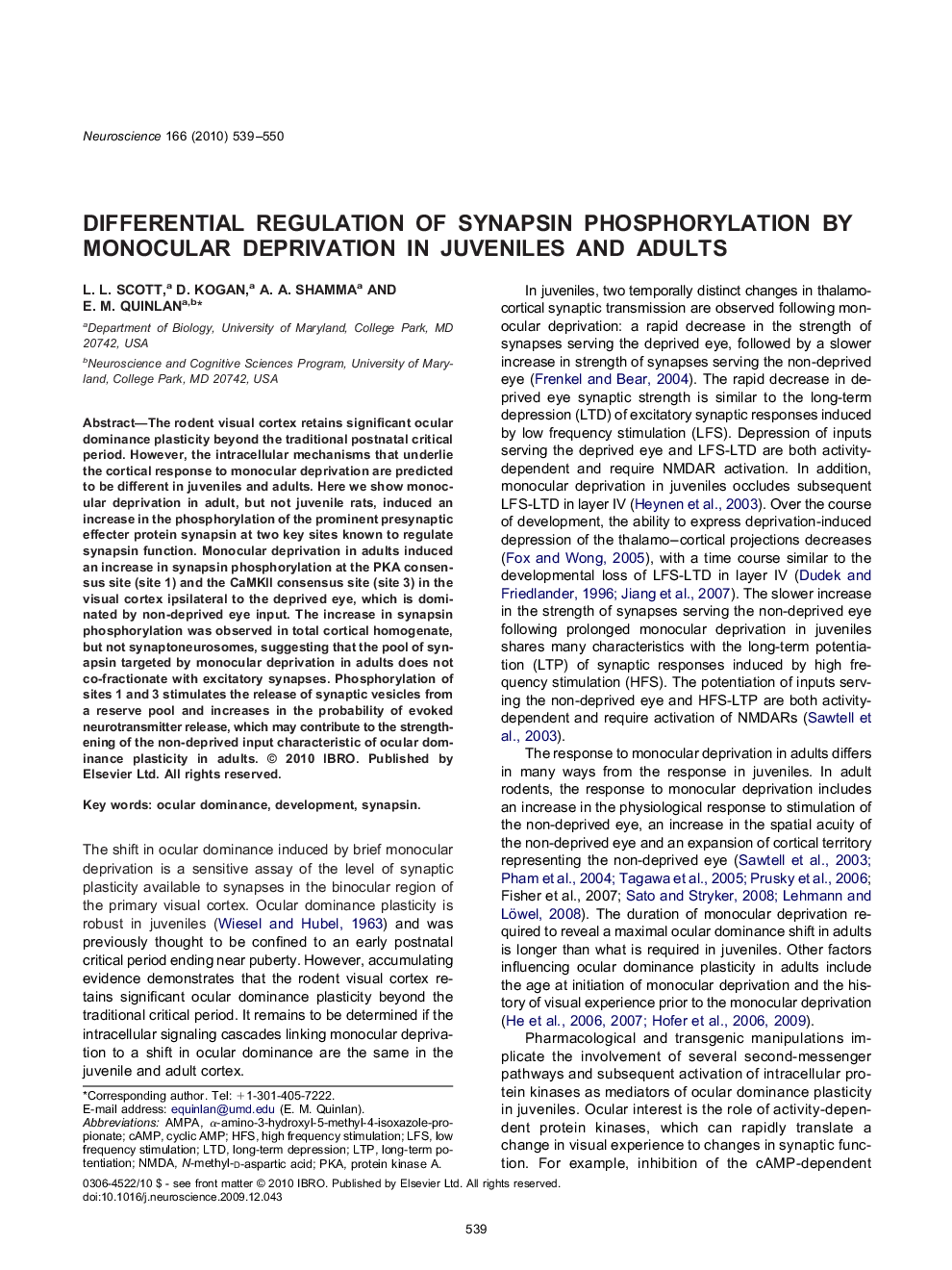 Differential regulation of synapsin phosphorylation by monocular deprivation in juveniles and adults