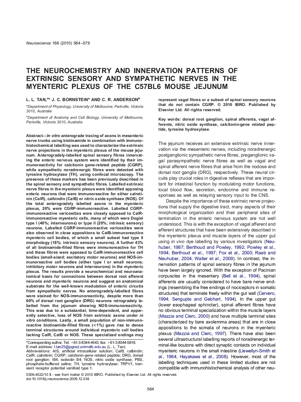 The neurochemistry and innervation patterns of extrinsic sensory and sympathetic nerves in the myenteric plexus of the C57Bl6 mouse jejunum