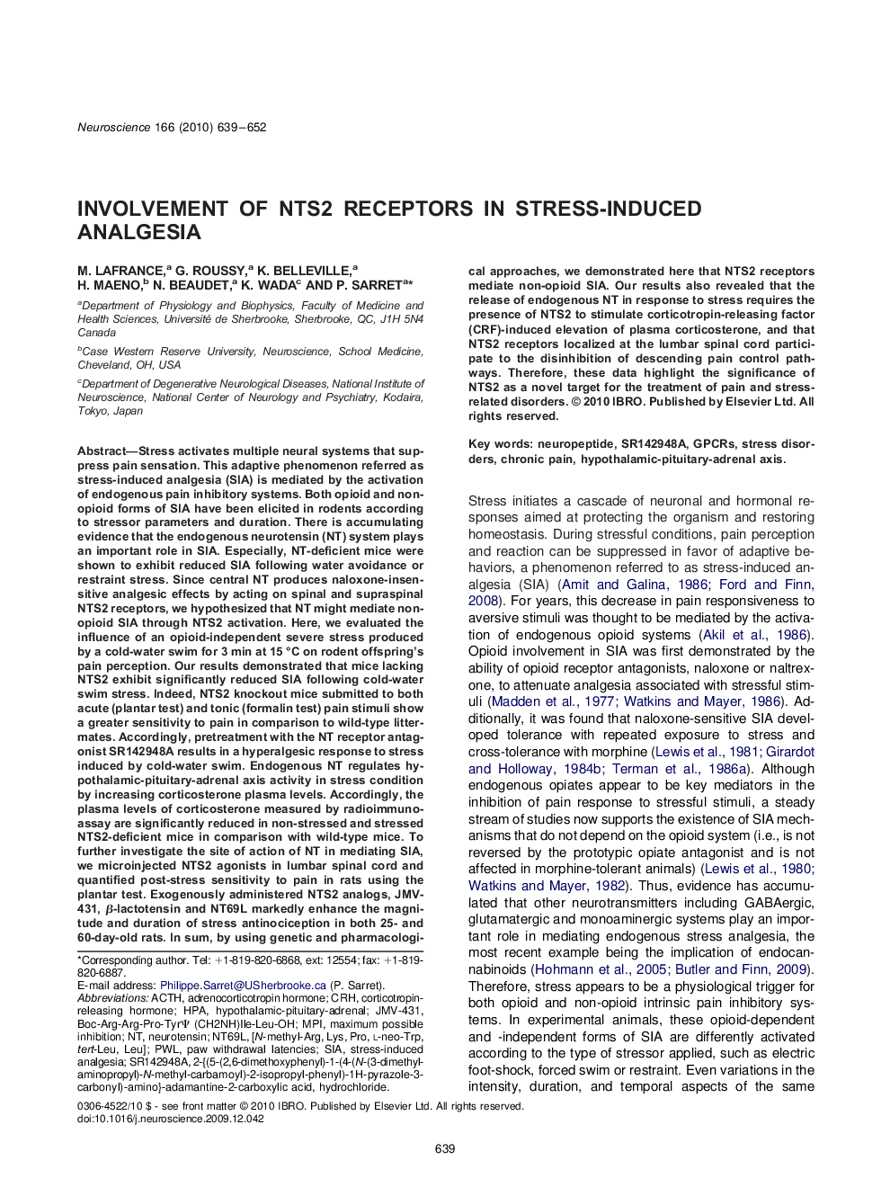 Involvement of NTS2 receptors in stress-induced analgesia