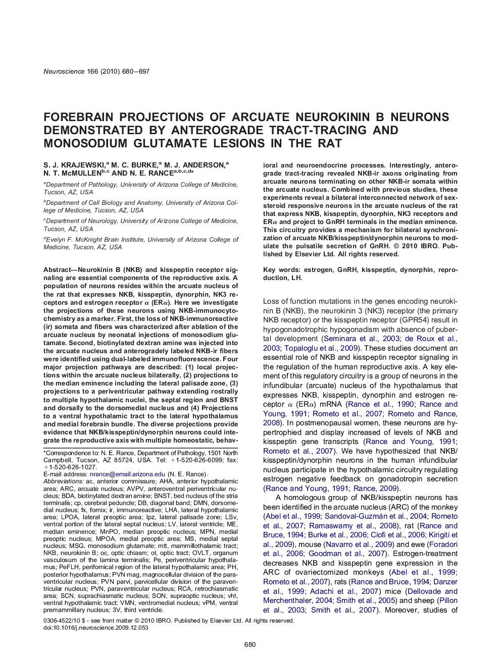 Forebrain projections of arcuate neurokinin B neurons demonstrated by anterograde tract-tracing and monosodium glutamate lesions in the rat