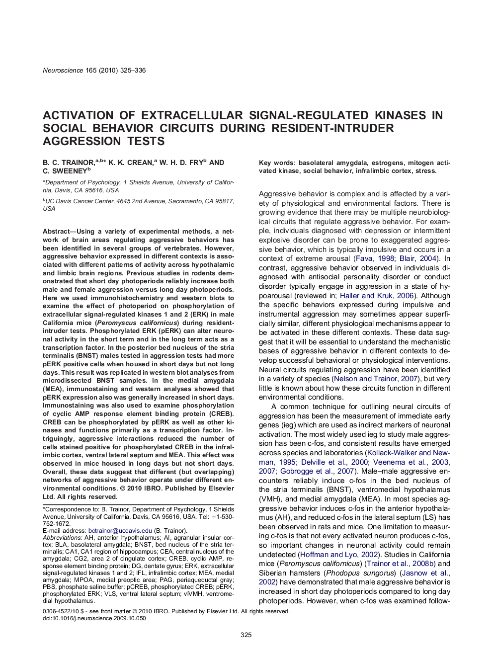 Activation of extracellular signal-regulated kinases in social behavior circuits during resident-intruder aggression tests