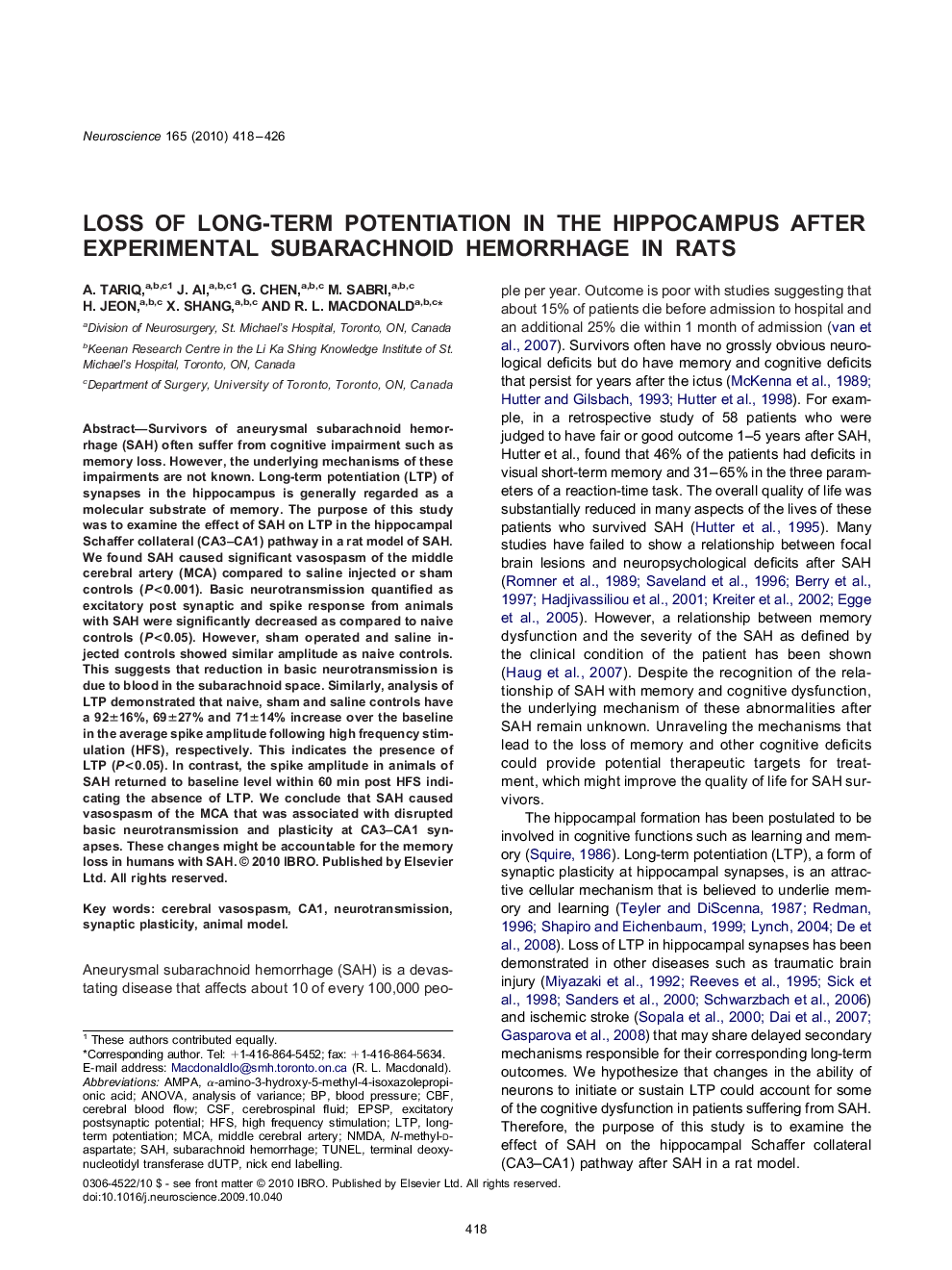 Loss of long-term potentiation in the hippocampus after experimental subarachnoid hemorrhage in rats