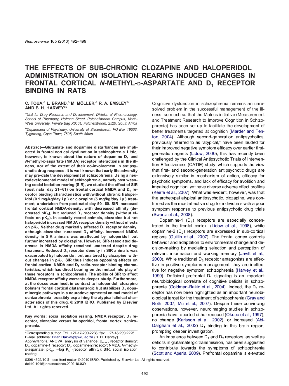 The effects of sub-chronic clozapine and haloperidol administration on isolation rearing induced changes in frontal cortical N-methyl-d-aspartate and D1 receptor binding in rats