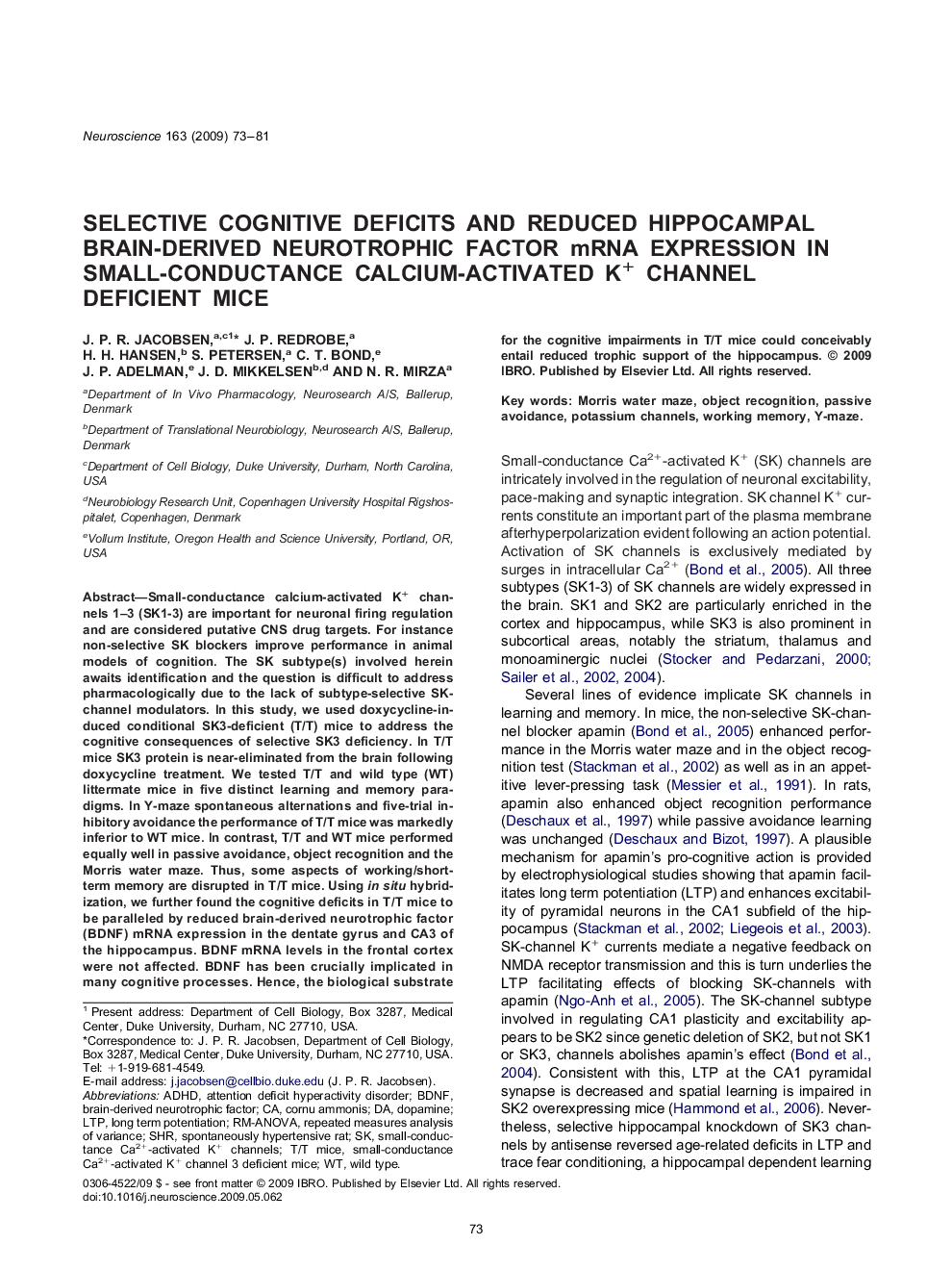 Selective cognitive deficits and reduced hippocampal brain-derived neurotrophic factor mRNA expression in small-conductance calcium-activated K+ channel deficient mice