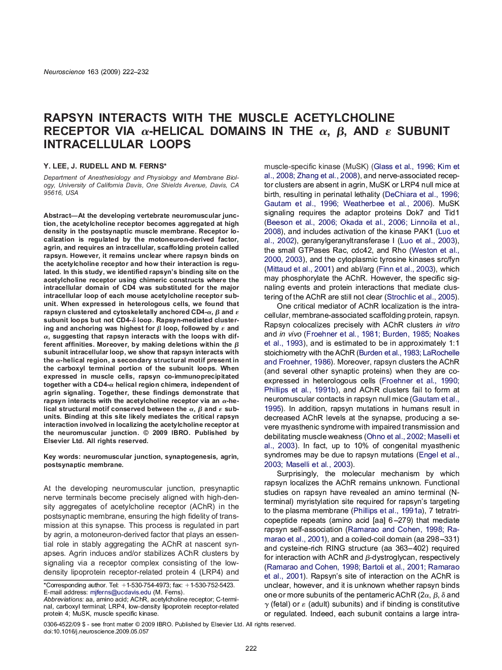 Rapsyn interacts with the muscle acetylcholine receptor via Î±-helical domains in the Î±, Î², and Îµ subunit intracellular loops