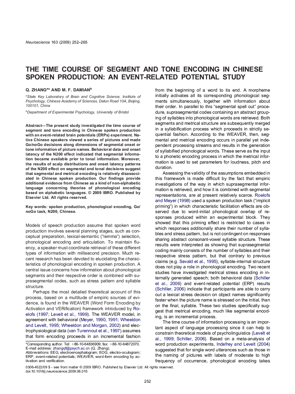 The time course of segment and tone encoding in Chinese spoken production: an event-related potential study