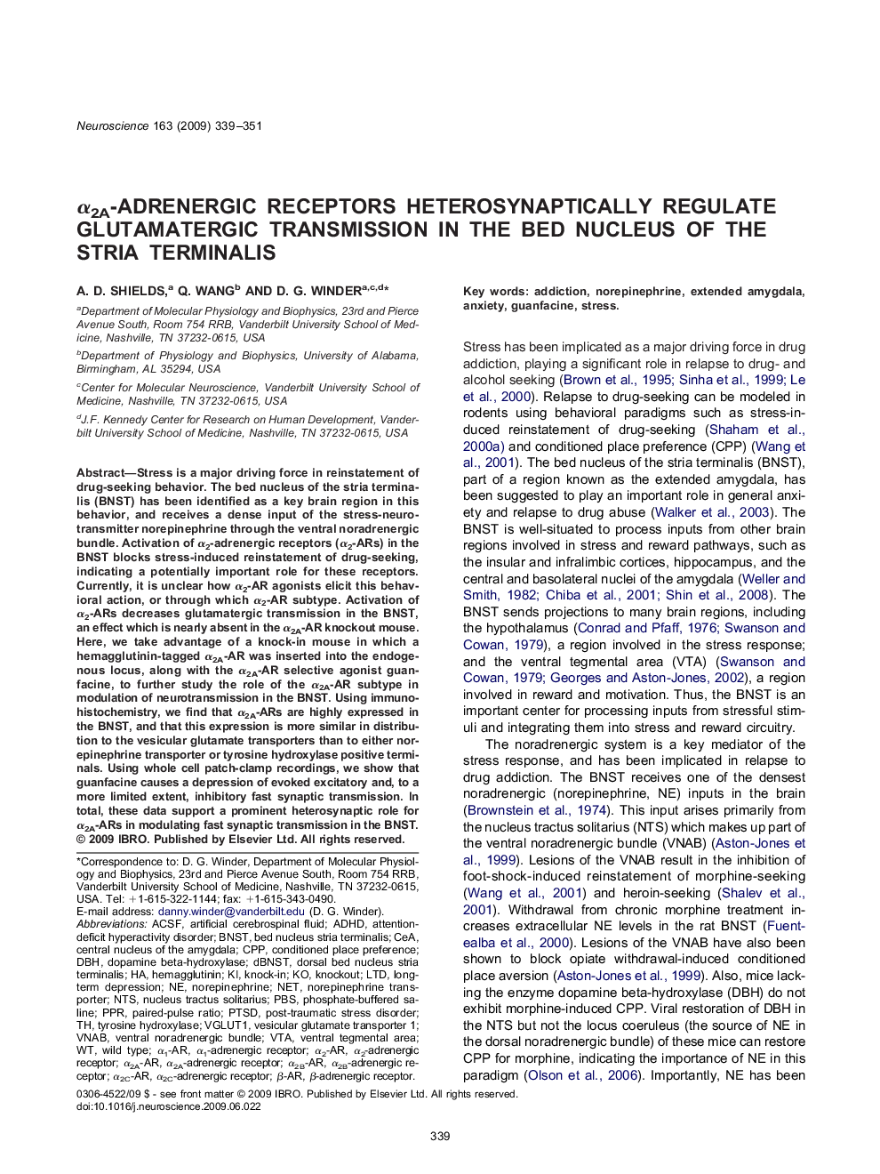 α2A-adrenergic receptors heterosynaptically regulate glutamatergic transmission in the bed nucleus of the stria terminalis