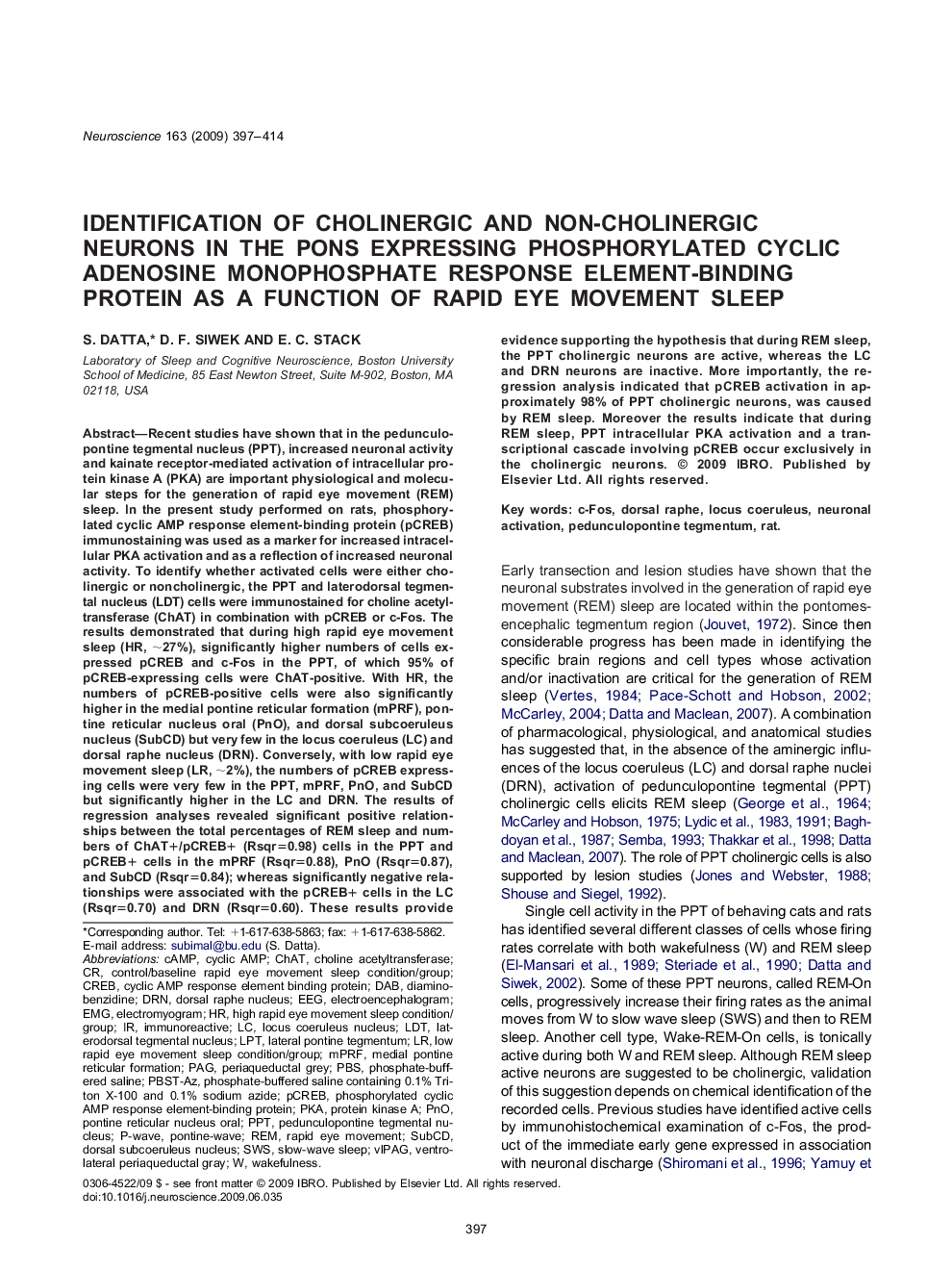 Identification of cholinergic and non-cholinergic neurons in the pons expressing phosphorylated cyclic adenosine monophosphate response element-binding protein as a function of rapid eye movement sleep