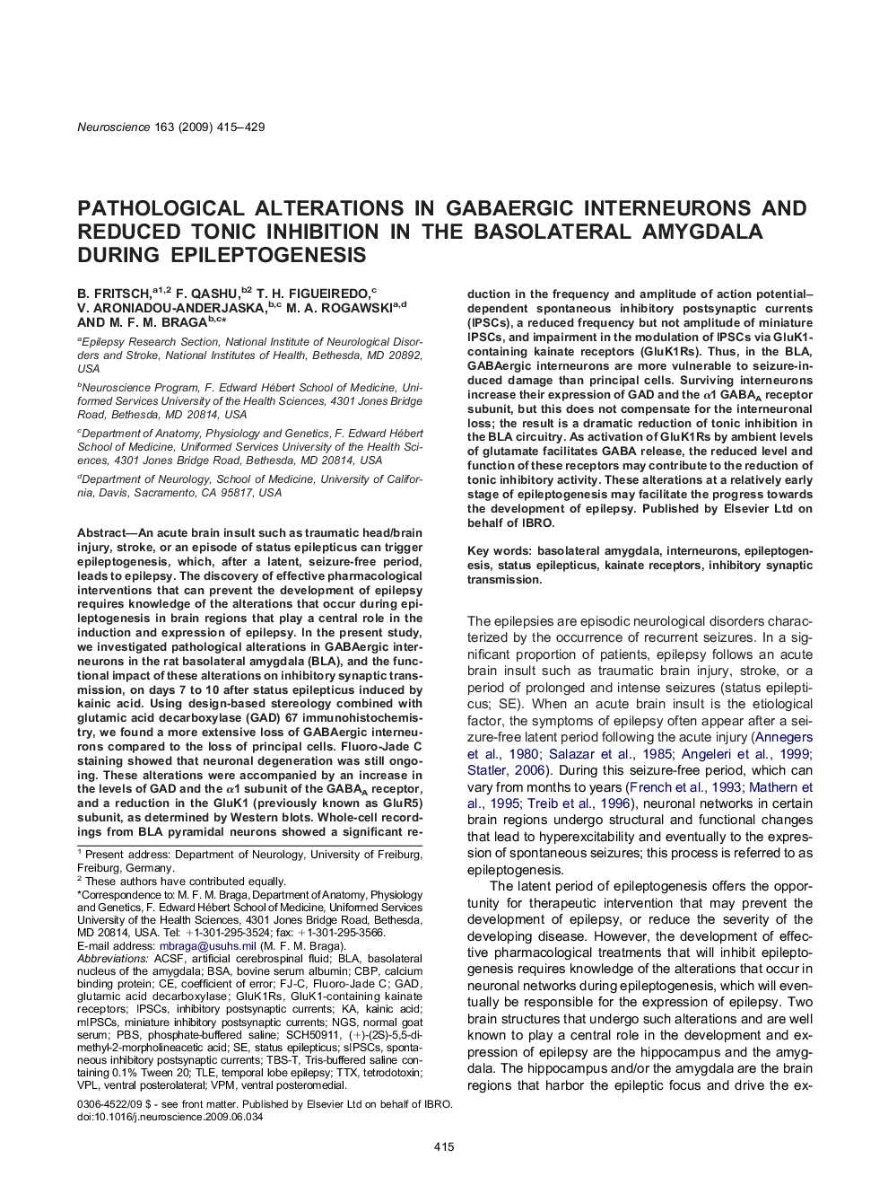 Pathological alterations in GABAergic interneurons and reduced tonic inhibition in the basolateral amygdala during epileptogenesis