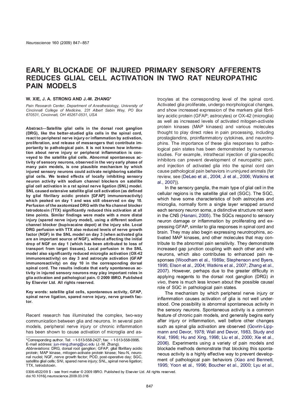 Early blockade of injured primary sensory afferents reduces glial cell activation in two rat neuropathic pain models