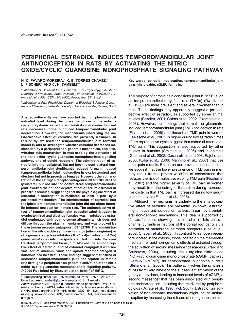 Peripheral estradiol induces temporomandibular joint antinociception in rats by activating the nitric oxide/cyclic guanosine monophosphate signaling pathway