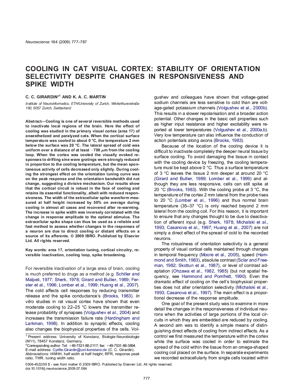 Cooling in cat visual cortex: stability of orientation selectivity despite changes in responsiveness and spike width