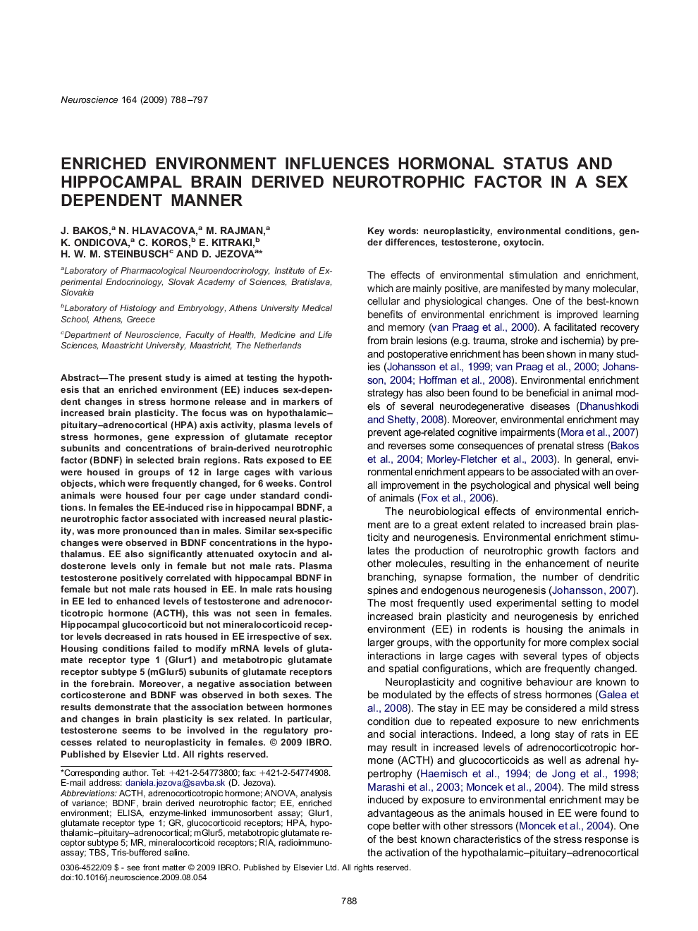 Enriched environment influences hormonal status and hippocampal brain derived neurotrophic factor in a sex dependent manner