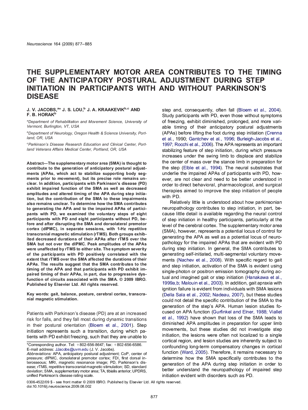 The supplementary motor area contributes to the timing of the anticipatory postural adjustment during step initiation in participants with and without Parkinson's disease