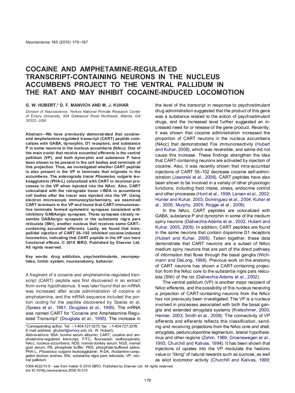 Cocaine and amphetamine-regulated transcript-containing neurons in the nucleus accumbens project to the ventral pallidum in the rat and may inhibit cocaine-induced locomotion