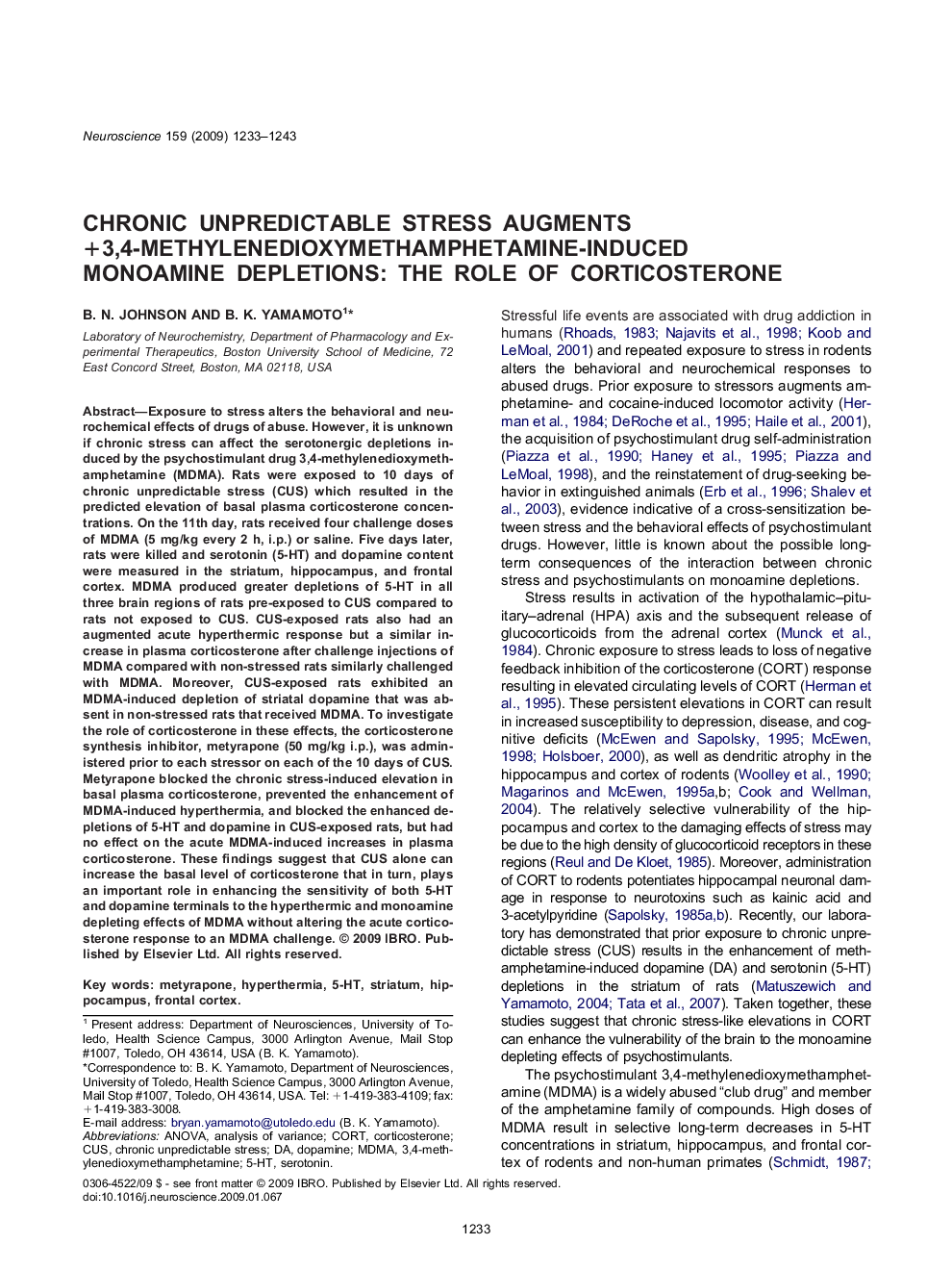 Chronic unpredictable stress augments +3,4-methylenedioxymethamphetamine-induced monoamine depletions: The role of corticosterone