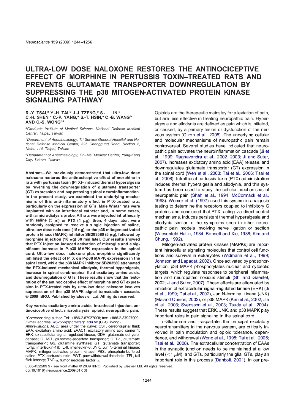 Ultra-low dose naloxone restores the antinociceptive effect of morphine in pertussis toxin–treated rats and prevents glutamate transporter downregulation by suppressing the p38 mitogen-activated protein kinase signaling pathway